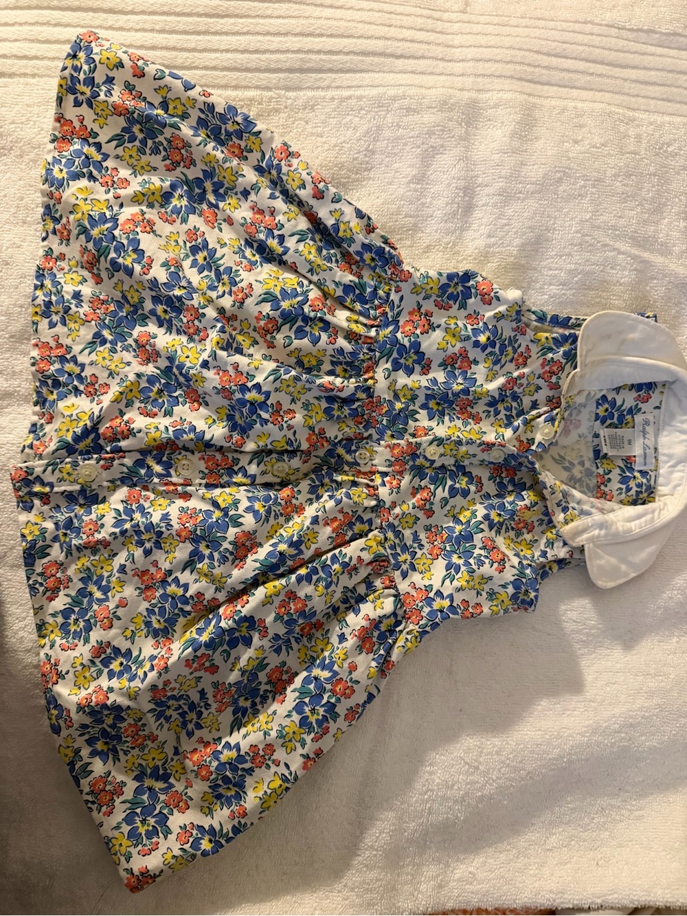 Ralph Lauren White Floral Dress with Blue, Yellow & Coral Blossoms